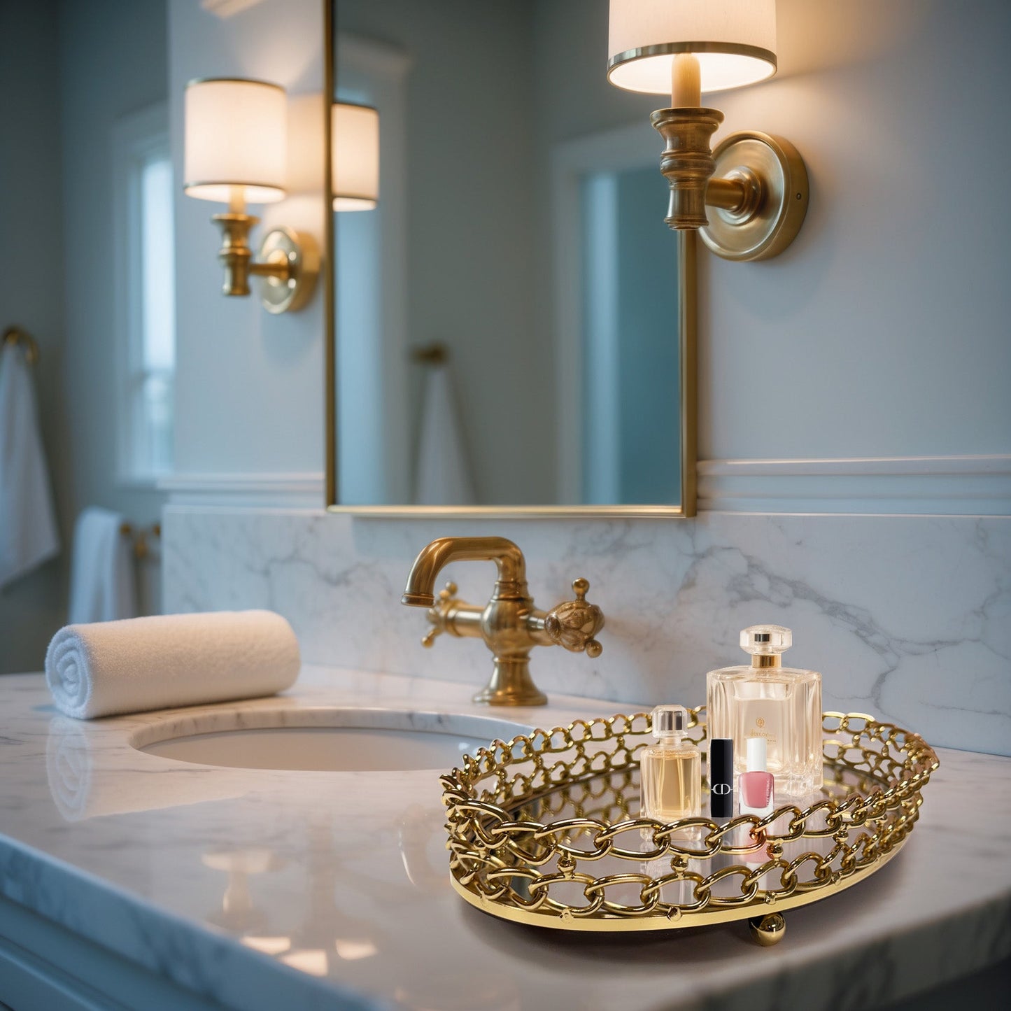 Glass Serving Tray – Gold Metal Frame with Dual Link Chain Design, Luxury Indoor Outdoor