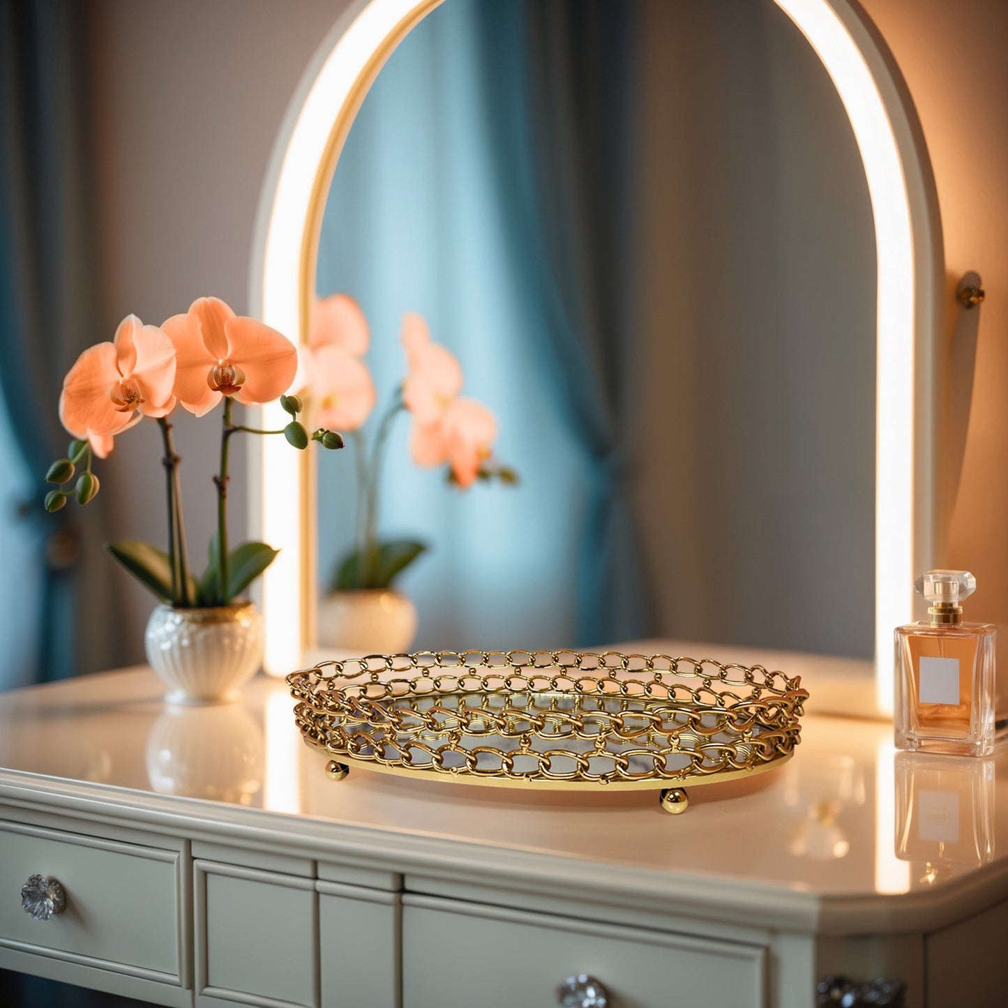Glass Serving Tray – Gold Metal Frame with Dual Link Chain Design, Luxury Indoor Outdoor
