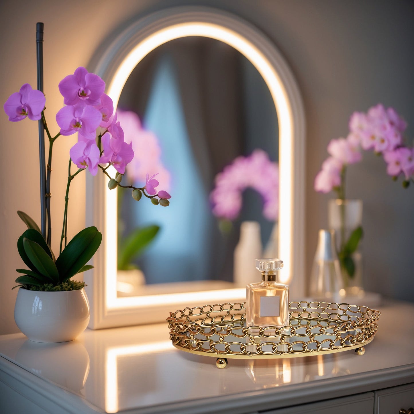 Glass Serving Tray – Gold Metal Frame with Dual Link Chain Design, Luxury Indoor Outdoor