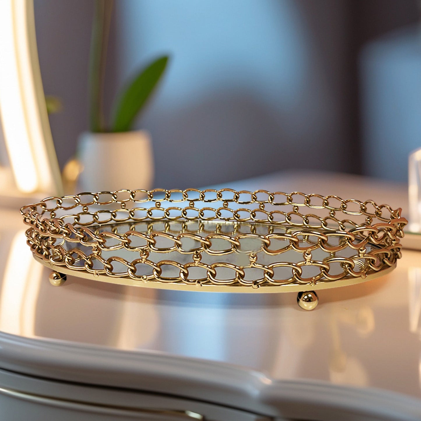 Glass Serving Tray – Gold Metal Frame with Dual Link Chain Design, Luxury Indoor Outdoor