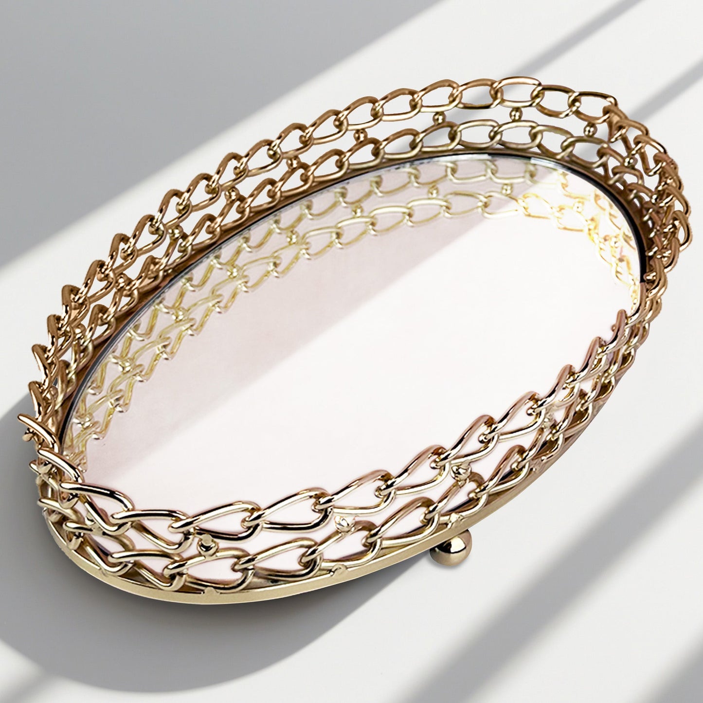 Glass Serving Tray – Gold Metal Frame with Dual Link Chain Design, Luxury Indoor Outdoor