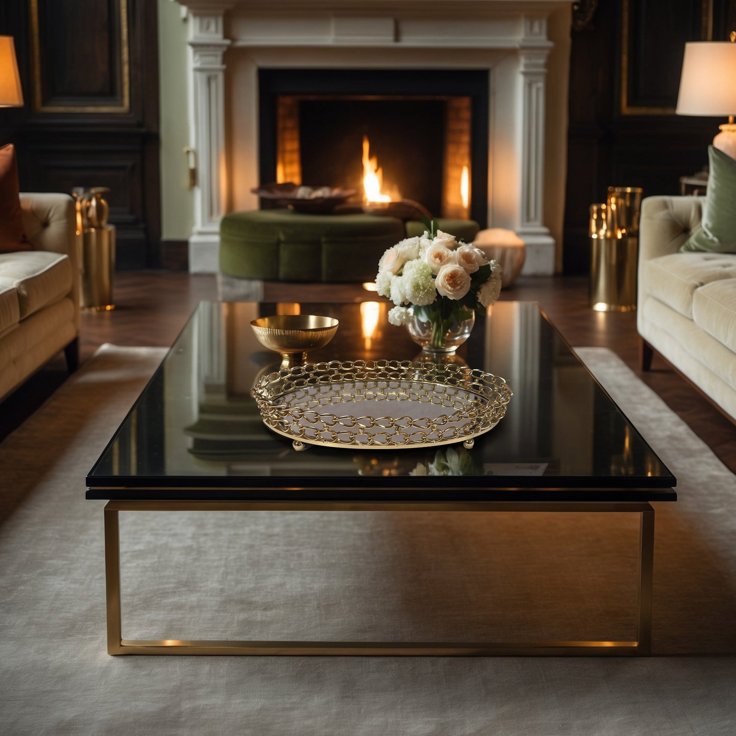 Glass Serving Tray – Gold Metal Frame with Dual Link Chain Design, Luxury Indoor Outdoor