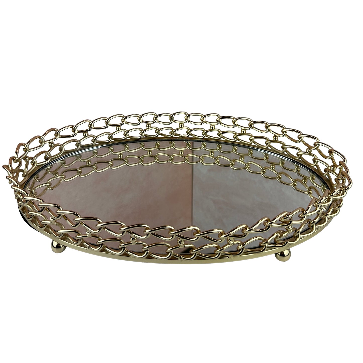 Glass Serving Tray – Gold Metal Frame with Dual Link Chain Design, Luxury Indoor Outdoor