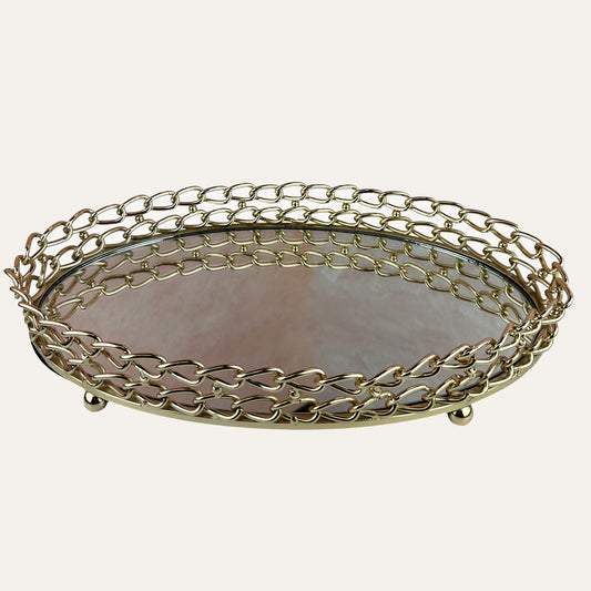 Glass Serving Tray – Gold Metal Frame with Dual Link Chain Design, Luxury Indoor Outdoor