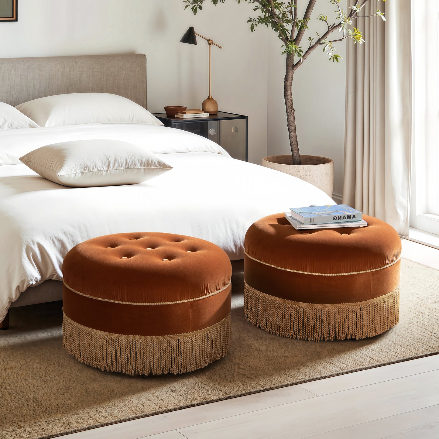 Yolanda 24" Round Upholstered Accent Ottoman - Burnt