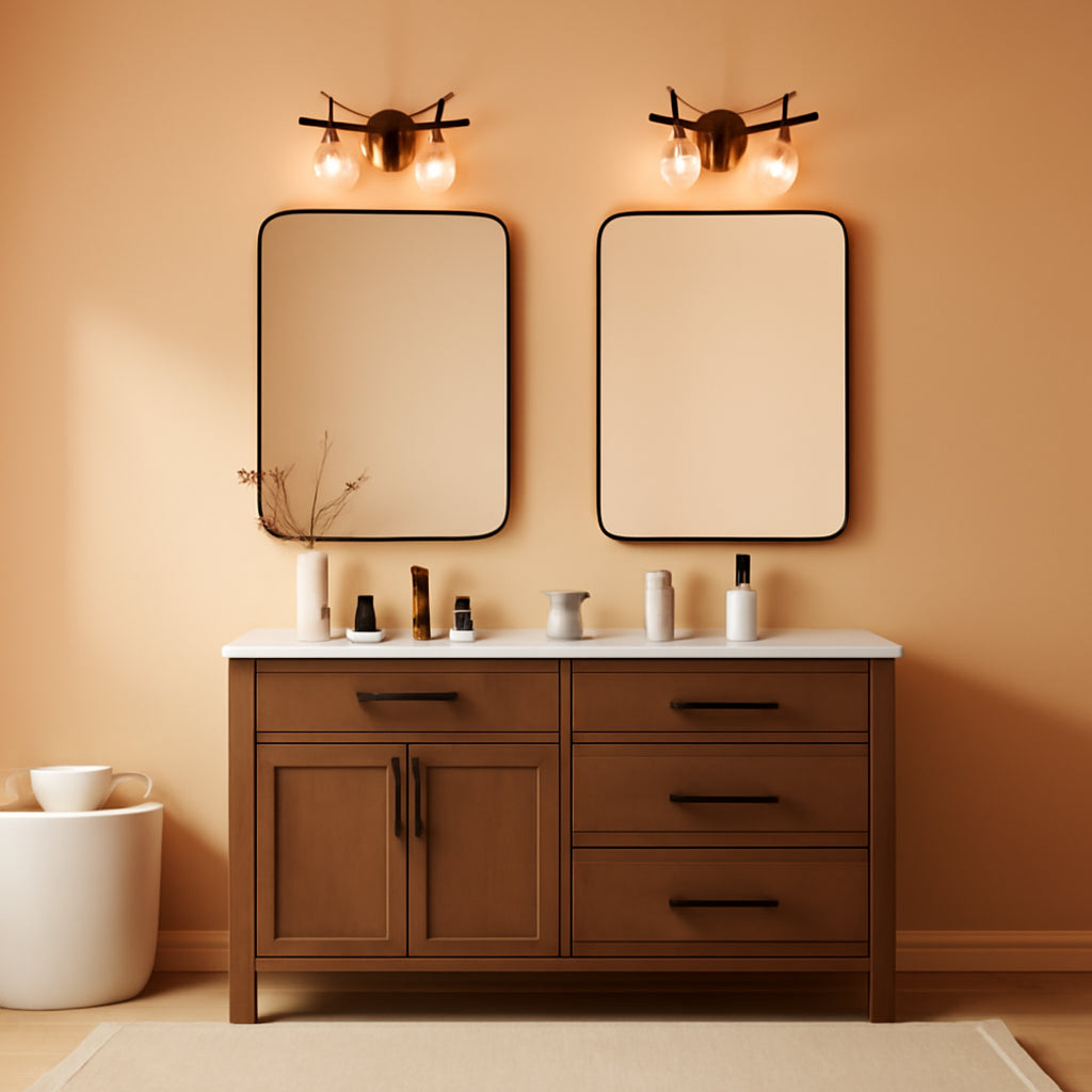 Set 2 Black Bathroom Mirrors 24x36 Inch Metal Frame Rectangle Vanity above a wooden double sink vanity.