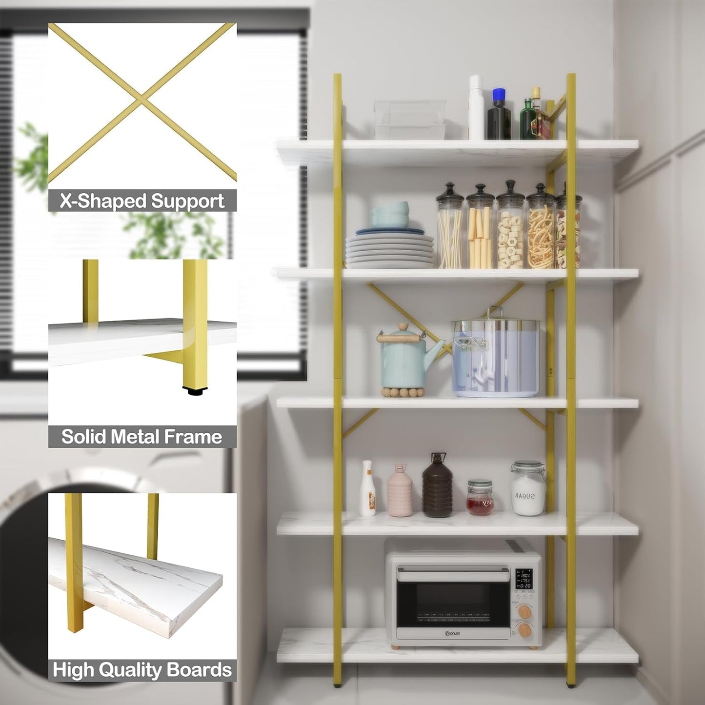 Five Tier Bookshelf Organizer White Faux Marble Metal Open Display