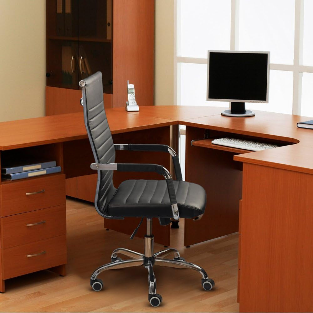 Ribbed Mid Back PU Leather Desk Chair Adjustable Black
