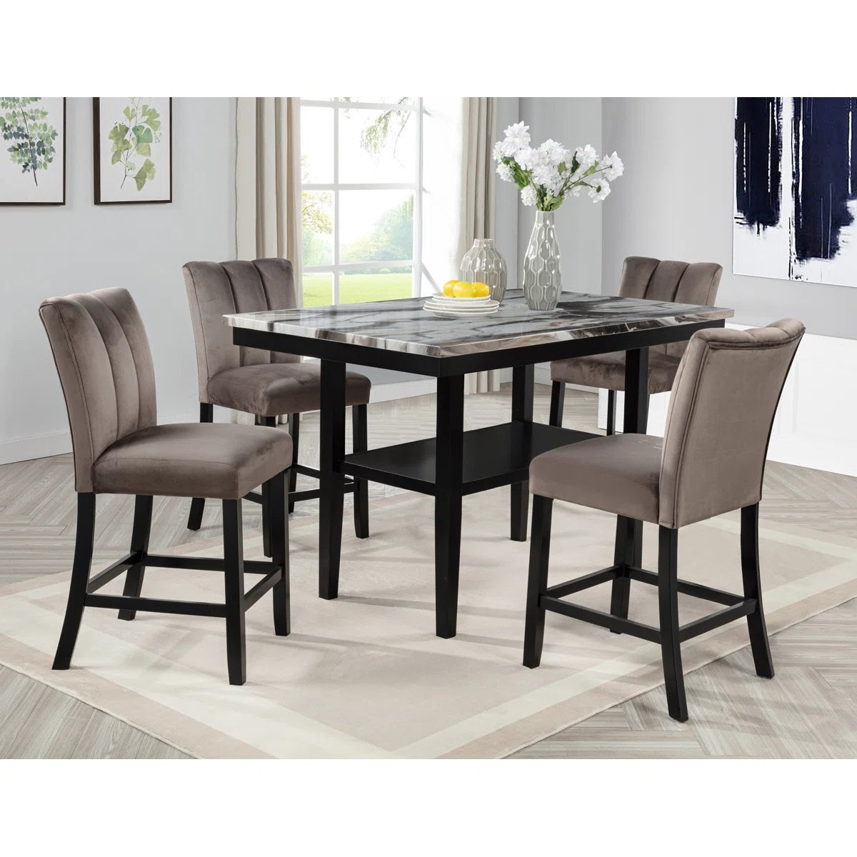 Modern 5 Piece Counter Dining Set, Marble Finish Wood Top