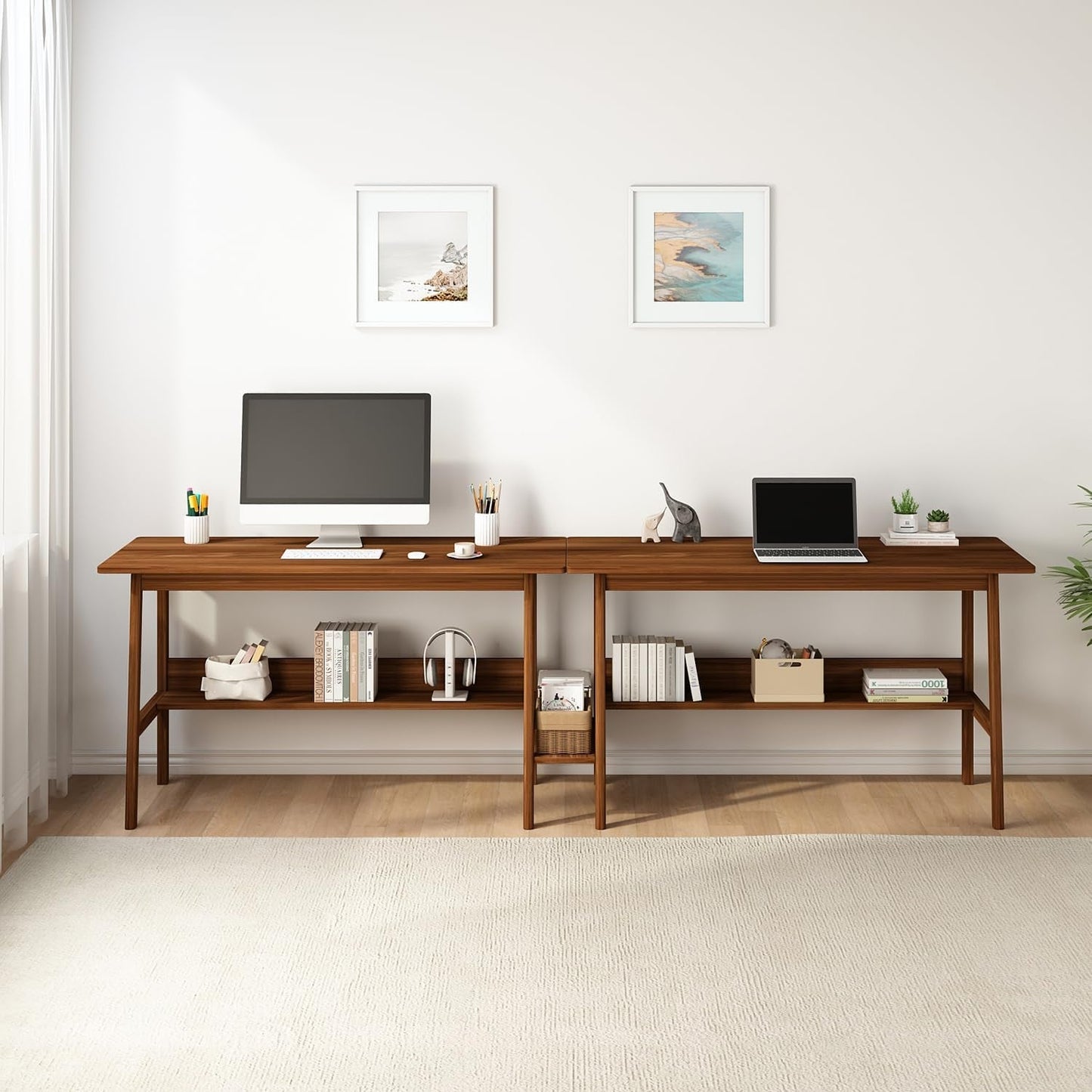 Walnut 110 Inches Twin Person Computer Workstation