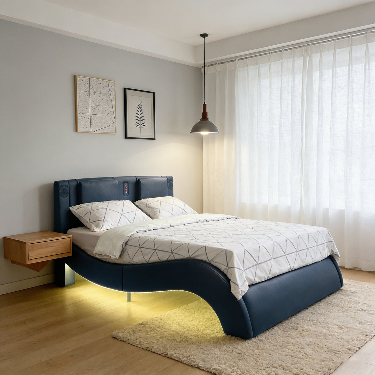 Faux Leather Upholstered Platform Bed Frame with LED Lighting