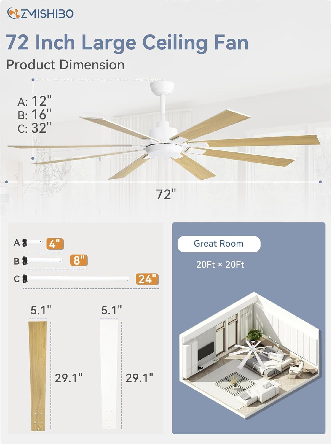 72 Inch White Ceiling Fan With Lights And Remote DC Motor dimensions and design for spacious areas.