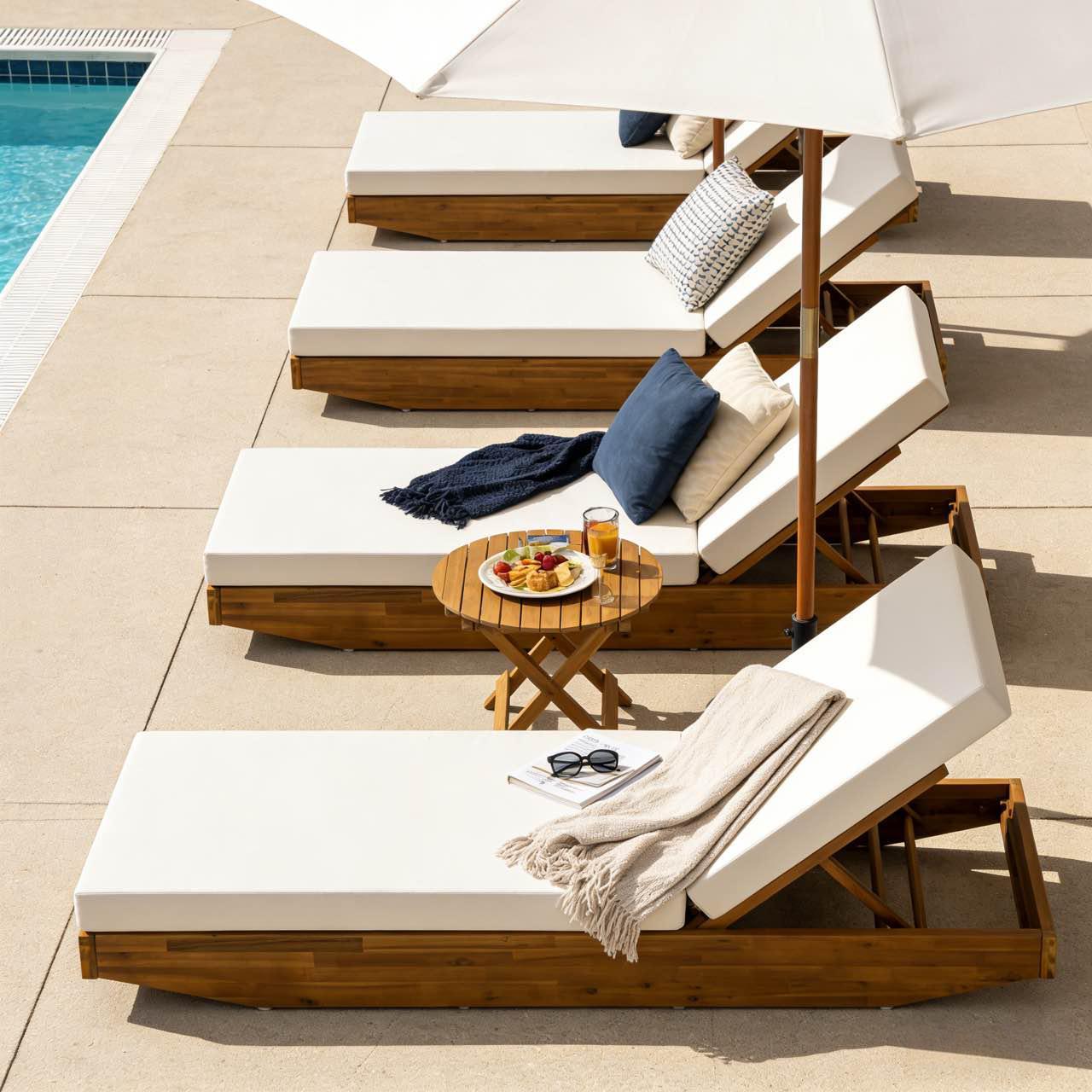 Acacia Wood Chaise Lounge with Cushion - Teak Finish