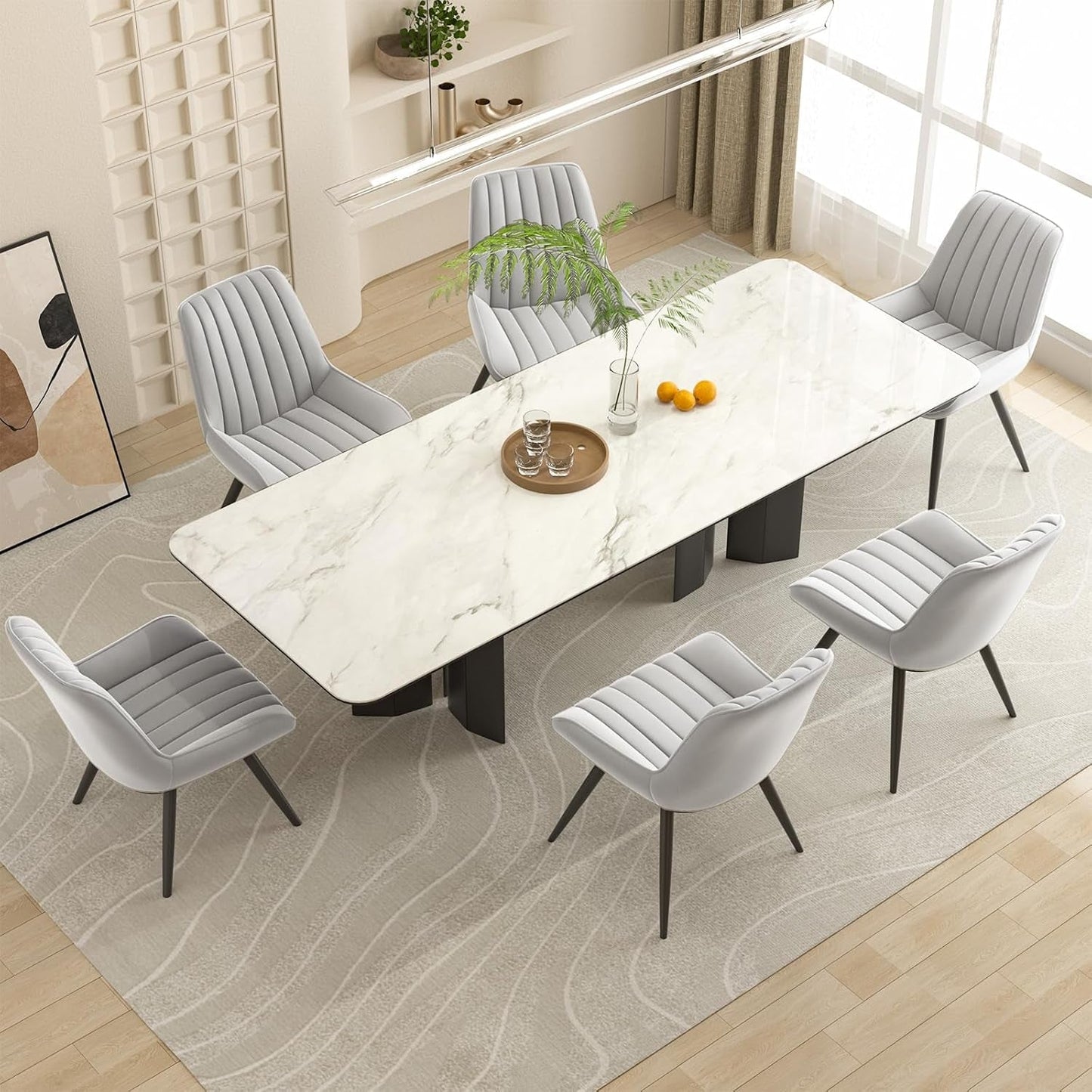 Grey Upholstered Dining Chairs Set Of 4 With Thick Cushions And Metal Legs