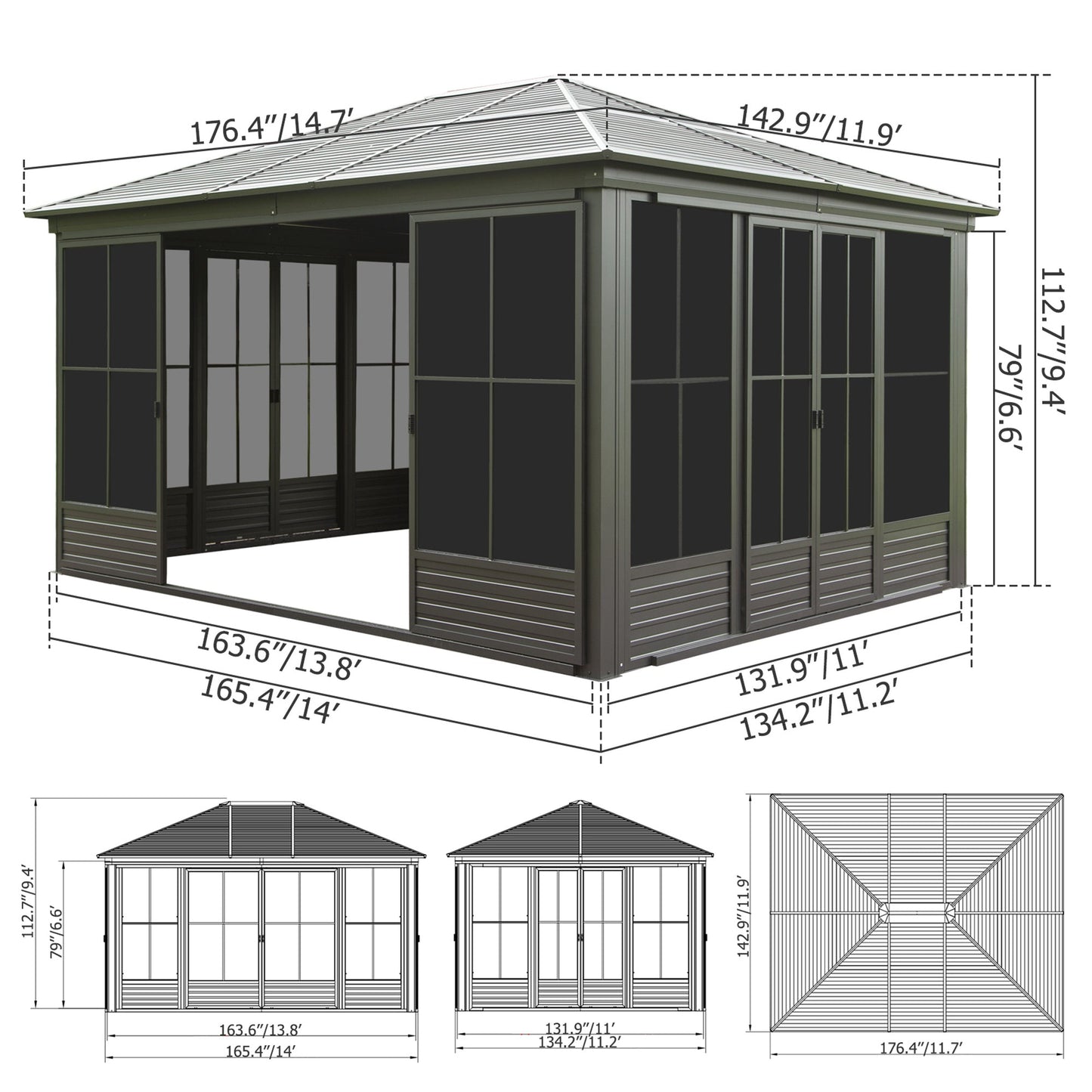 12x14FT Outdoor Sunroom, Galvanized Steel Hardtop Gazebo