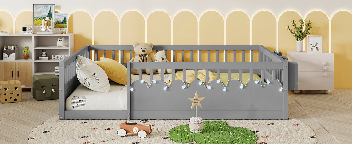 Full Montessori Floor Bed Frame with High Rails, Wood Kids Floor Beds with Light and Storage Shelf, Gray(Expect Arrival Date 2025/8/15)