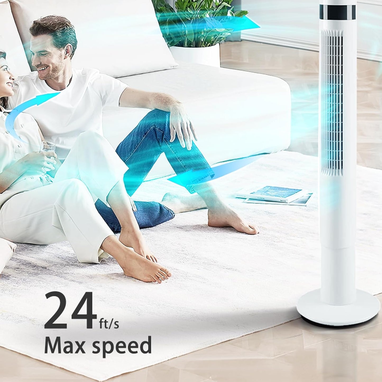 85° Oscillating Bladeless Tower Fan with 24ft/s Velocity