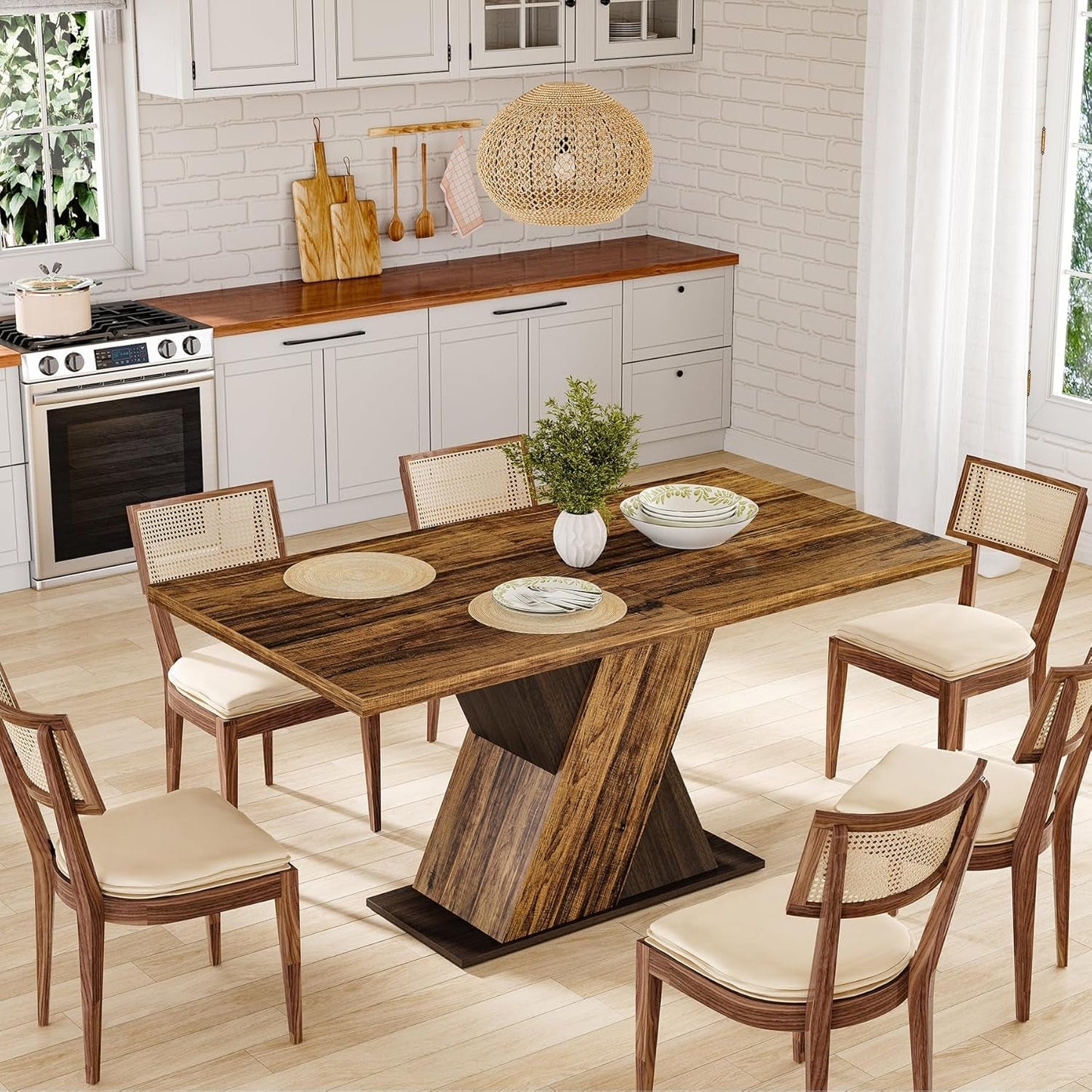 55 Inch Walnut Solid Industrial Dining Table Seats Six