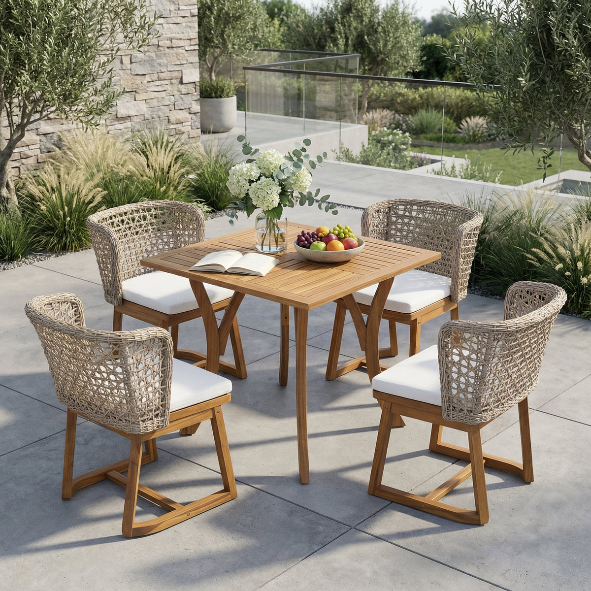 5-Piece Outdoor Dining Set, Acacia Wood Table & Wicker Back Chairs