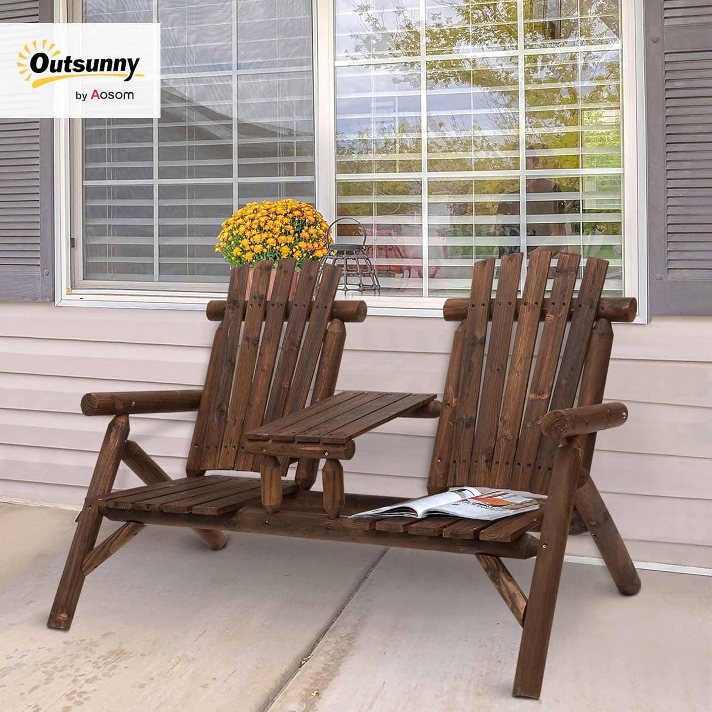 Two-Seat Wooden Adirondack Chair With Integrated Table