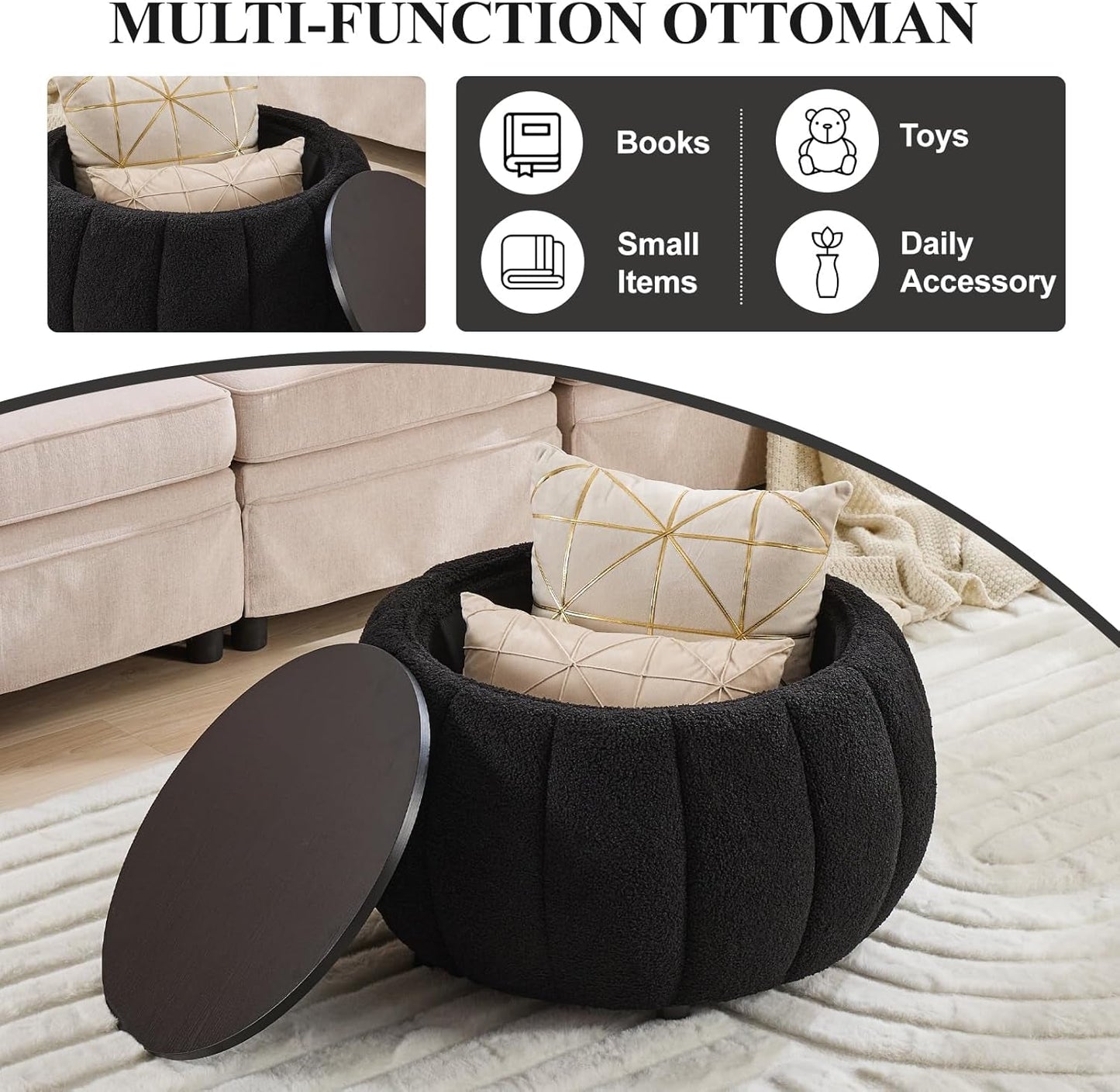 30 Inch Round Profile Teddy Fabric Hidden Storage Ottoman