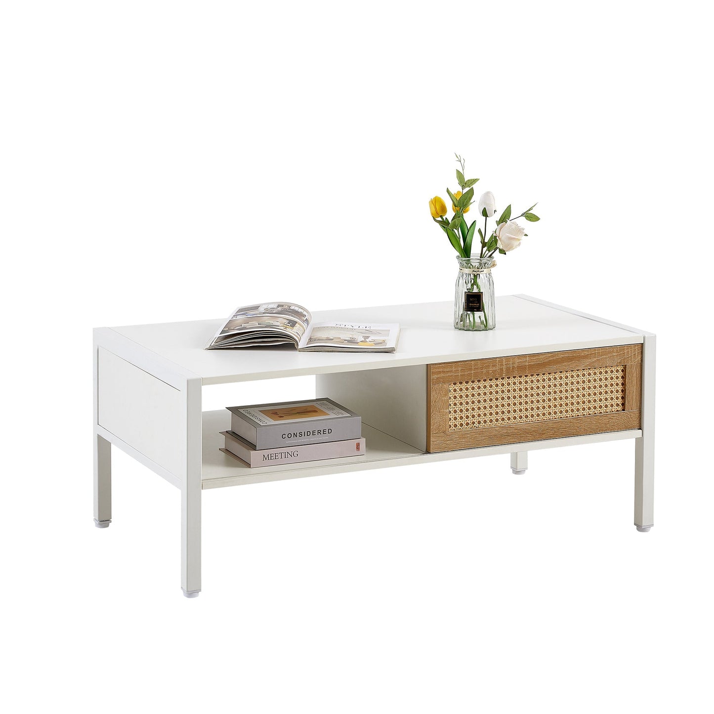 Modern Rattan Coffee Table with Sliding Door