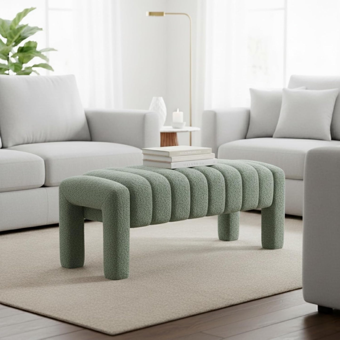 42.5 Inches Upholstered Ottoman Bench Boucle Fabric