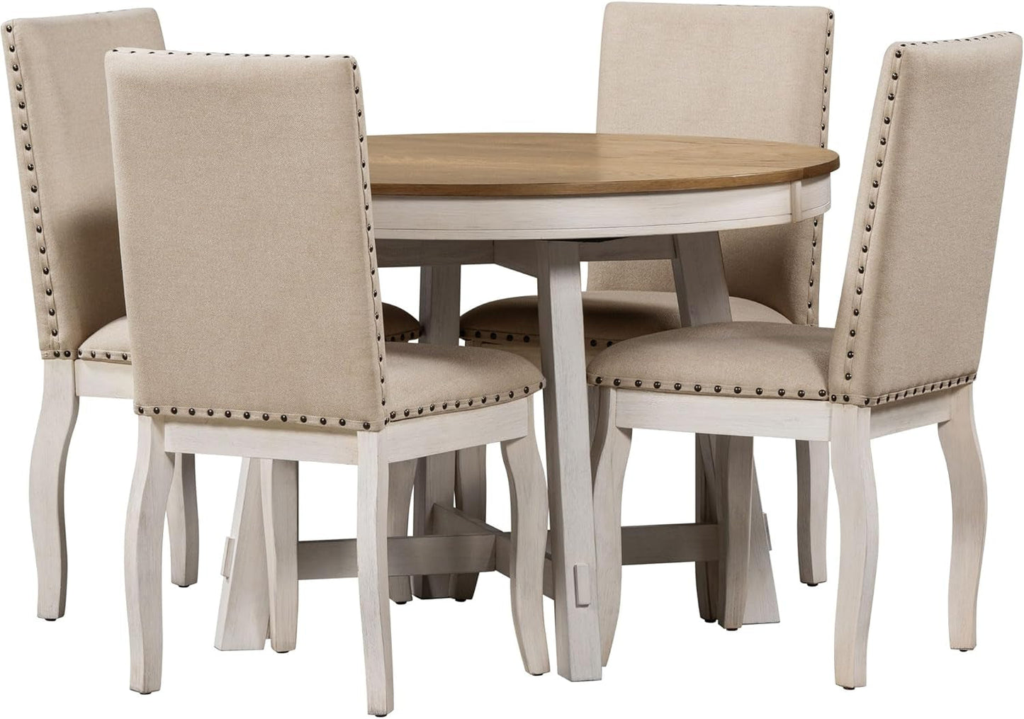 Farmhouse Round Extendable Dining Table Set Oak Finish with Upholstered Chairs