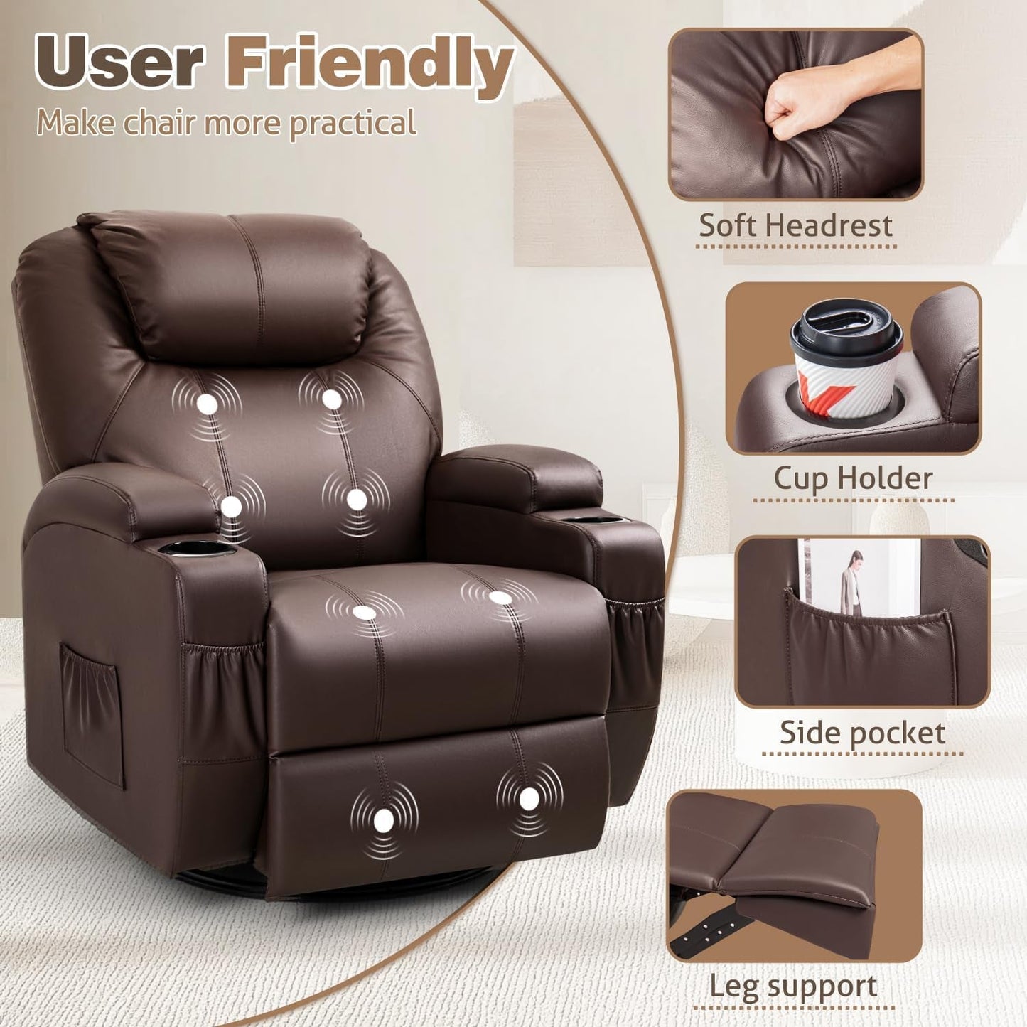 Dark Brown 360 Degree Swivel Recliner Chair With Massage