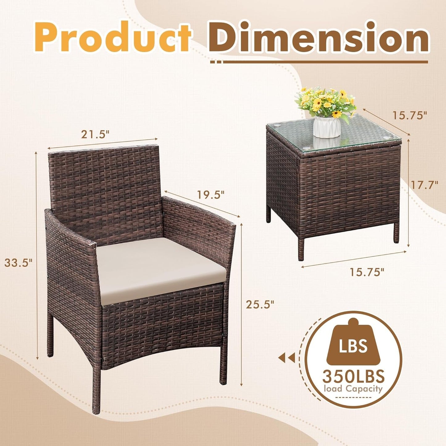 Patio Set 3 Piece All Weather Rattan Glass Table Brown