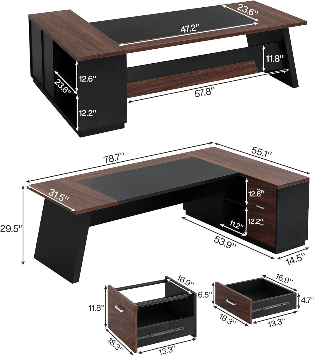 78 Inch L Shaped Executive Desk Walnut Black For Home Office