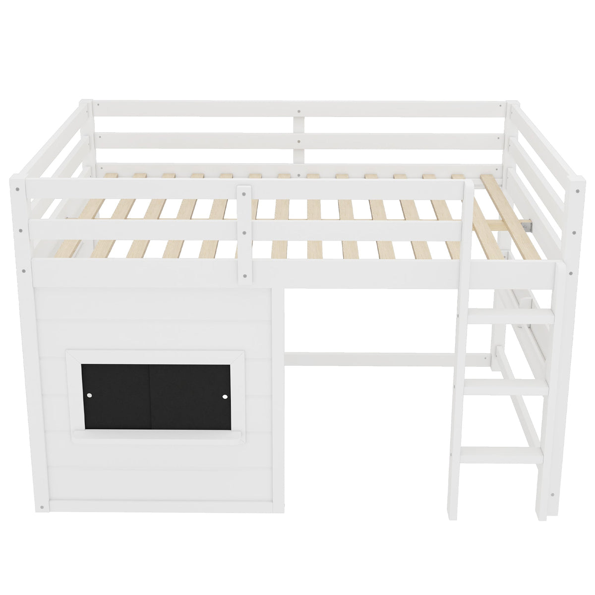 Full Size Loft Bed with Playful Sliding Chalkboard and Bookshelf