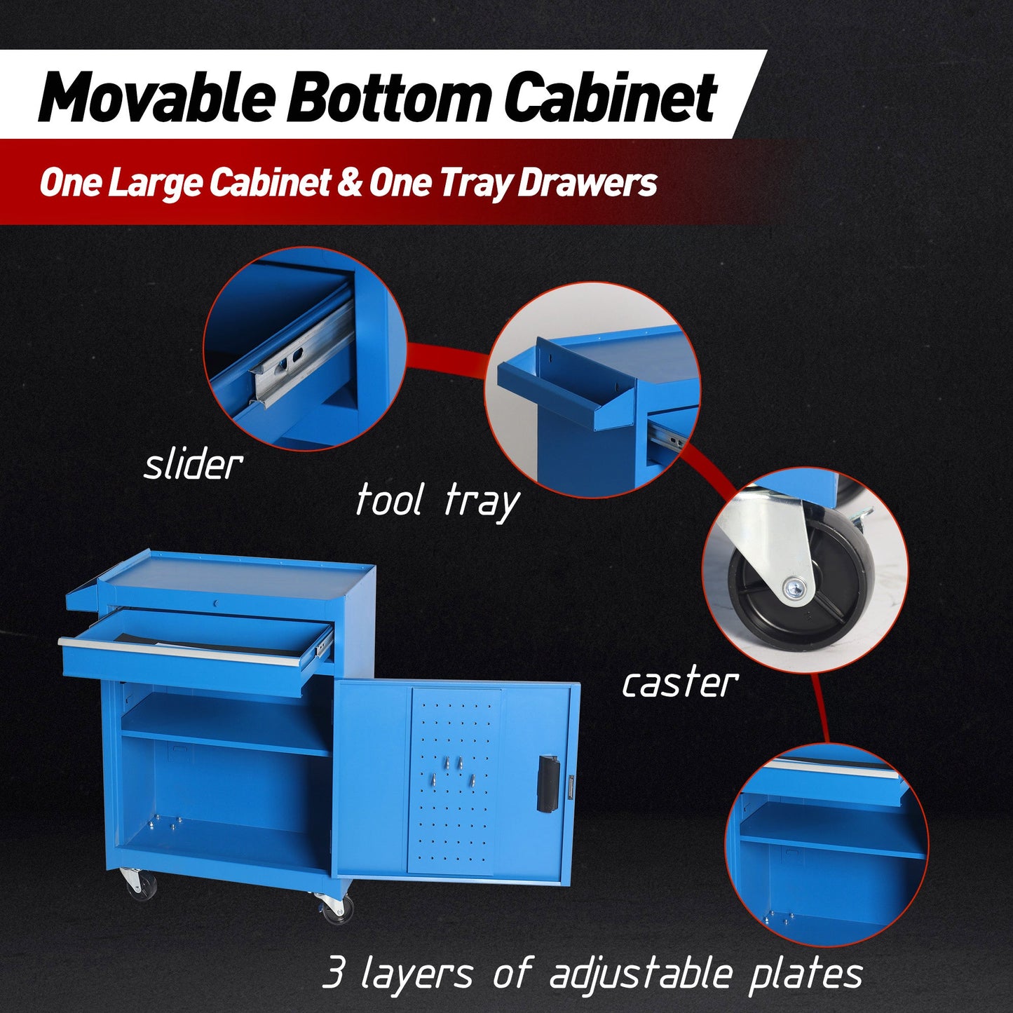 Tool Chest, 5-Drawer Rolling Tool Storage Cabinet with Detachable Top Tool Box, Liner, Universal Lockable Wheels, Adjustable Shelf, Locking Mechanism, Metal Tool Cart for Garage Workshop