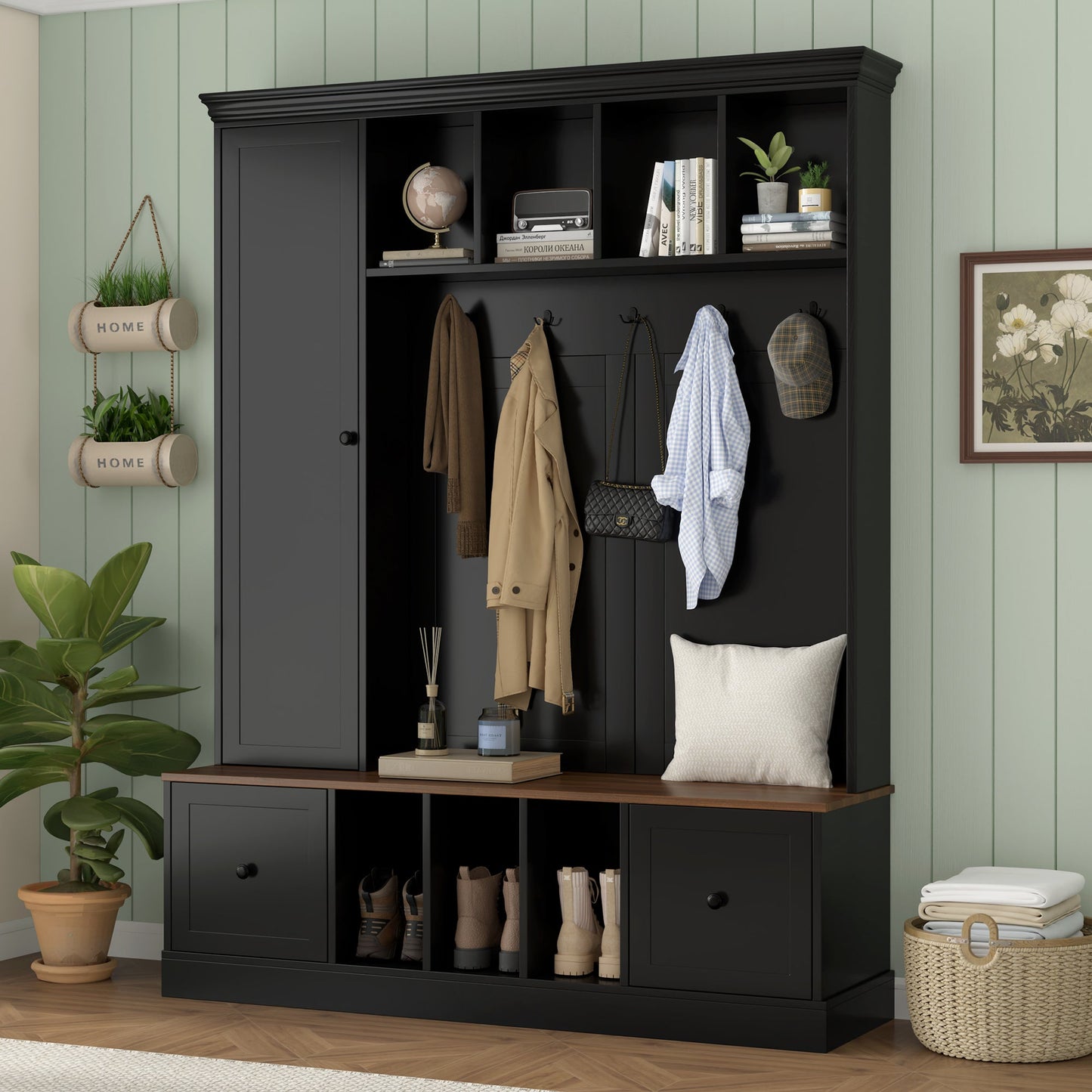 Vibe Haus 62.2''W Farmhouse Hall Tree with Shoe Storage Bench