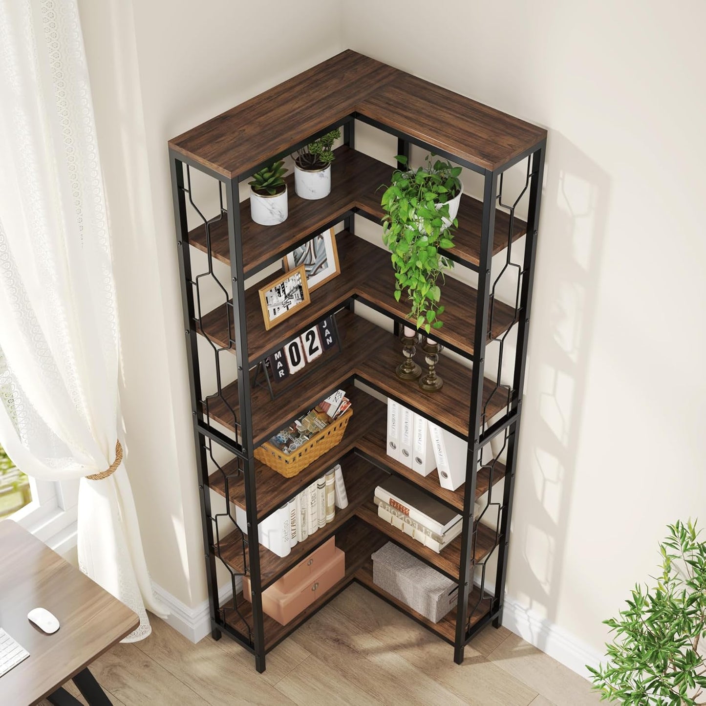 Stylish 7-Tier Industrial Corner Bookshelf