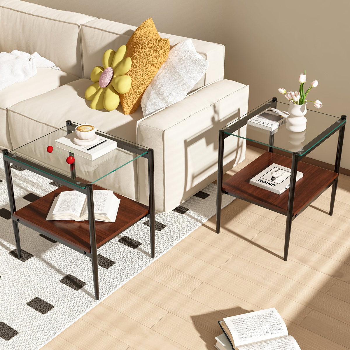 Set of 2 Rectangle End Table with Tempered Glass Top