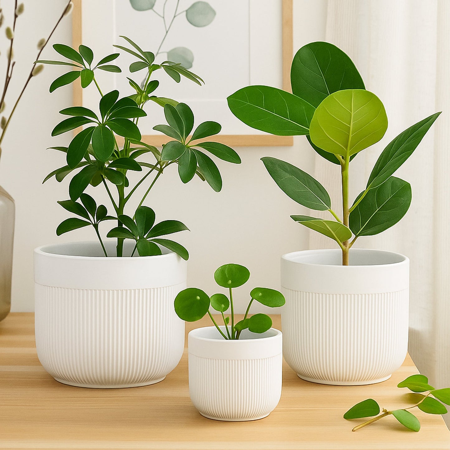 3-Piece White Stoneware Planter Pot Set with Vertical Line Texture