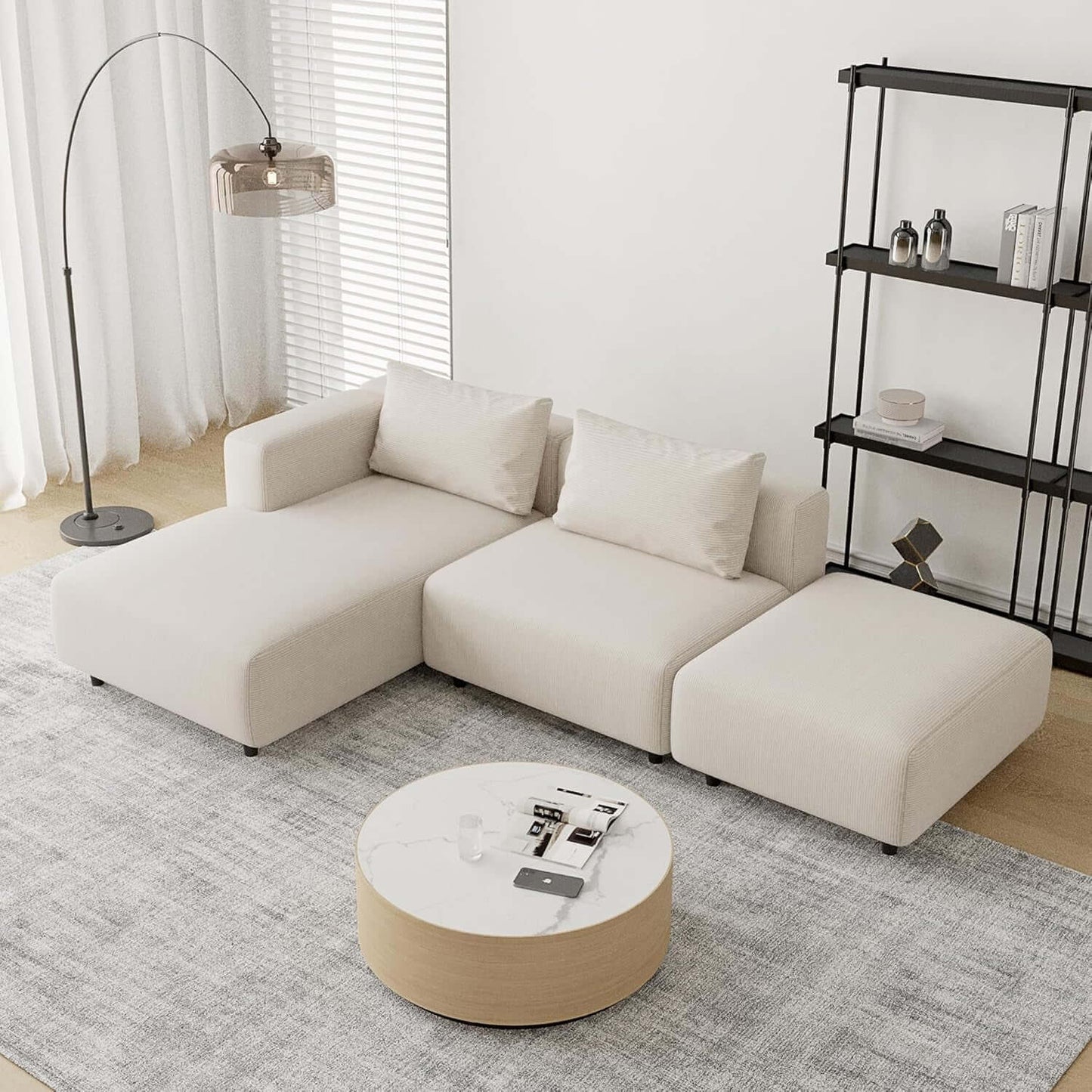 Soft Corduroy Sectional Sofa Set L Shaped Cream Modular in a modern living room setting.