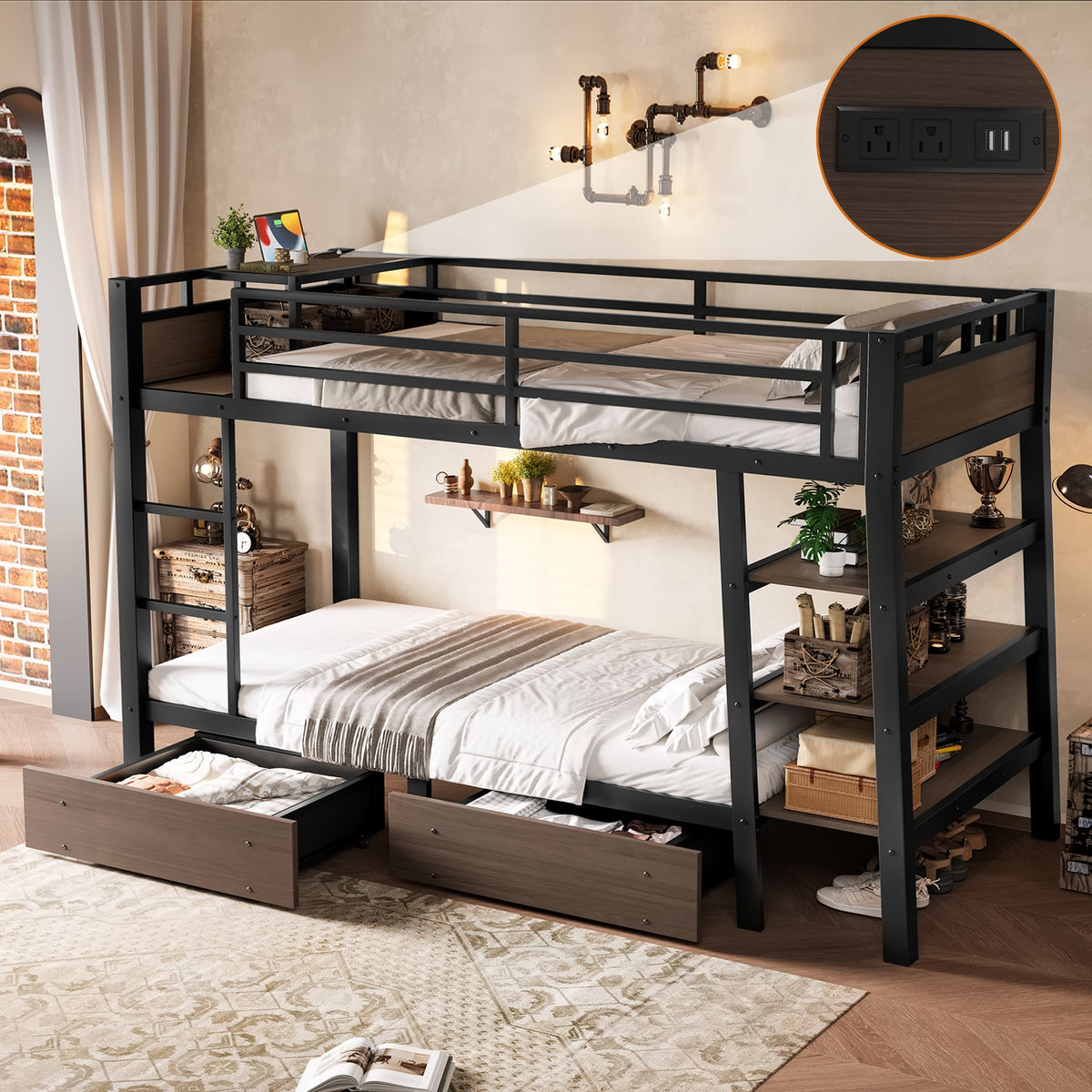 Twin Size Metal Bunk Bed with Storage Shelves and USB Power