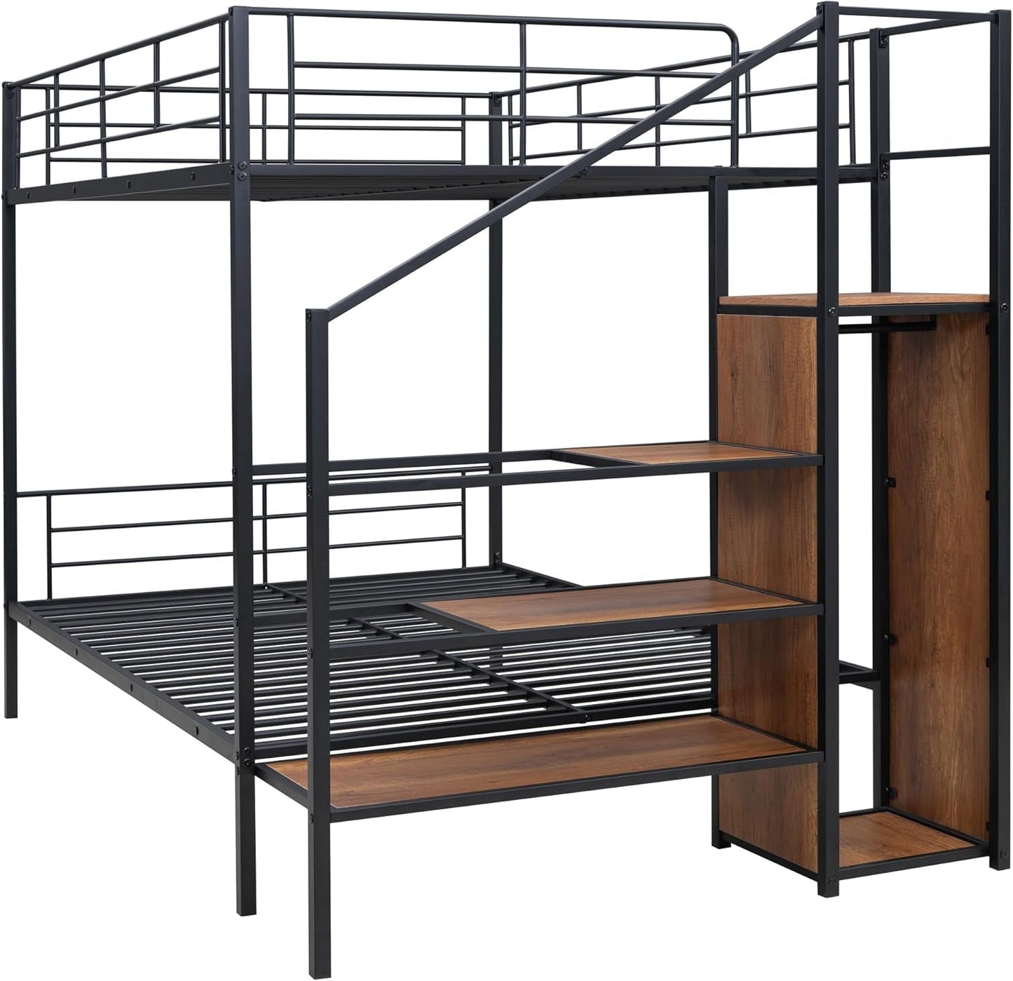 Full Over Full Metal Bunk Bed With Storage Stairs Black