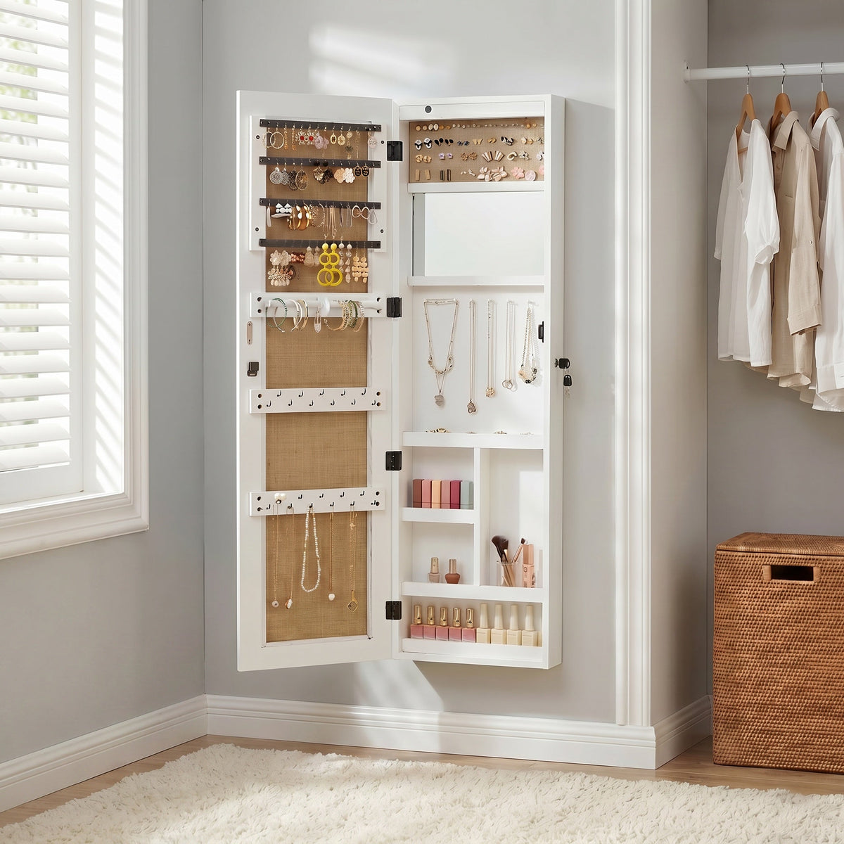 Solid Wood Jewelry Armoire Organizer Cabinet with Full-Length Mirror