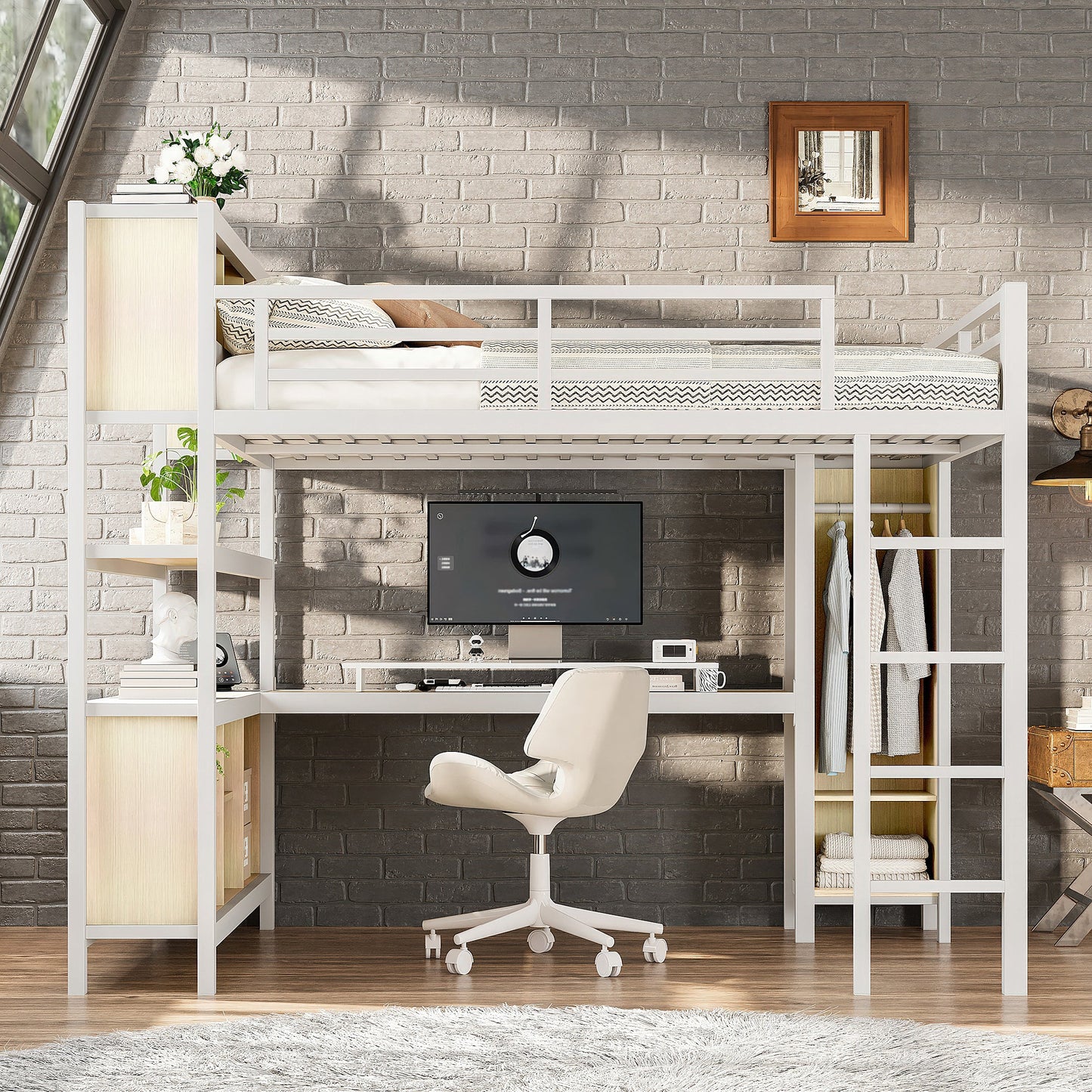 Metal Loft Bed with Wardrobe And L-shaped Desk, Queen Size Loft Bed with Storage Cubes and Shelves, Heavy Duty Loft Bed for Kids Teens Adults, White Wood-grain