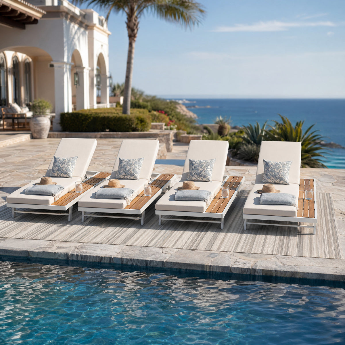 White Iron and Teak Finish Chaise Lounge Set