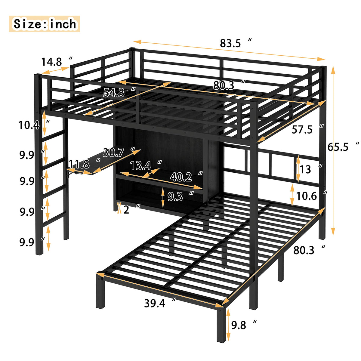 Full XL Over Twin Metal Bunk Bed with Folding Desk and LED Closet
