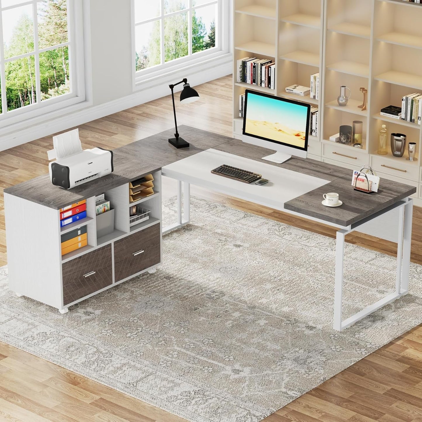 63 Inch L Shaped Desk Gray White With Reversible File Cabinet