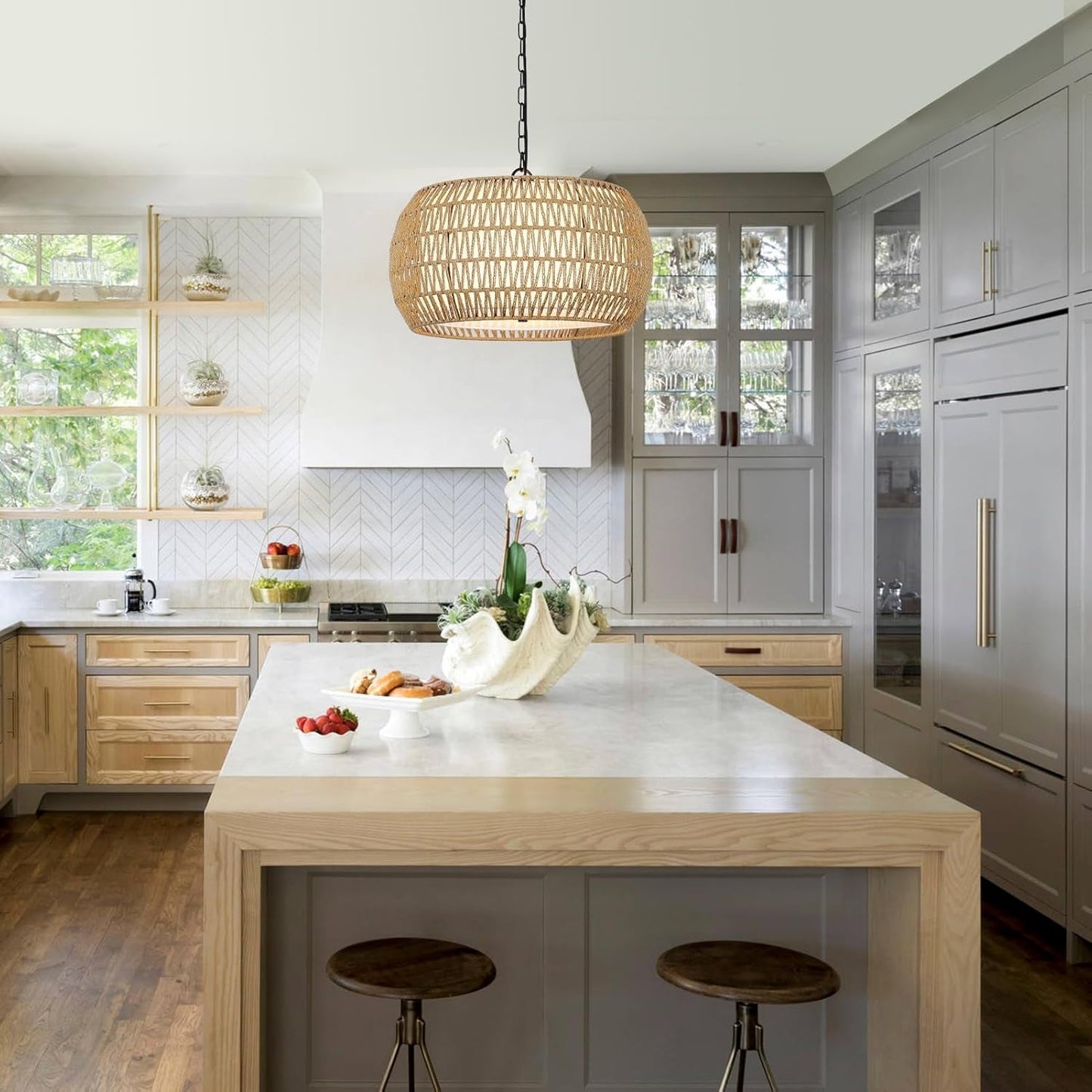 Rattan Farmhouse 5 Light Chandelier With Fabric Shade illuminating a modern kitchen island with warm charm.