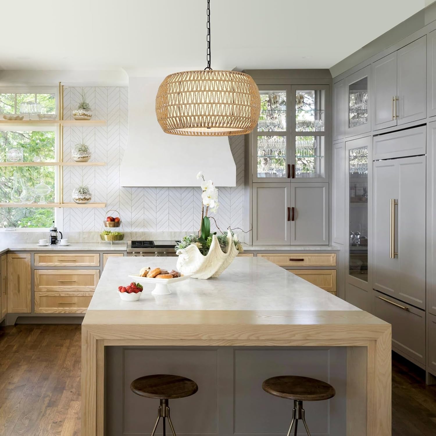 Rattan Farmhouse 5 Light Chandelier With Fabric Shade illuminating a modern kitchen island with warm charm.
