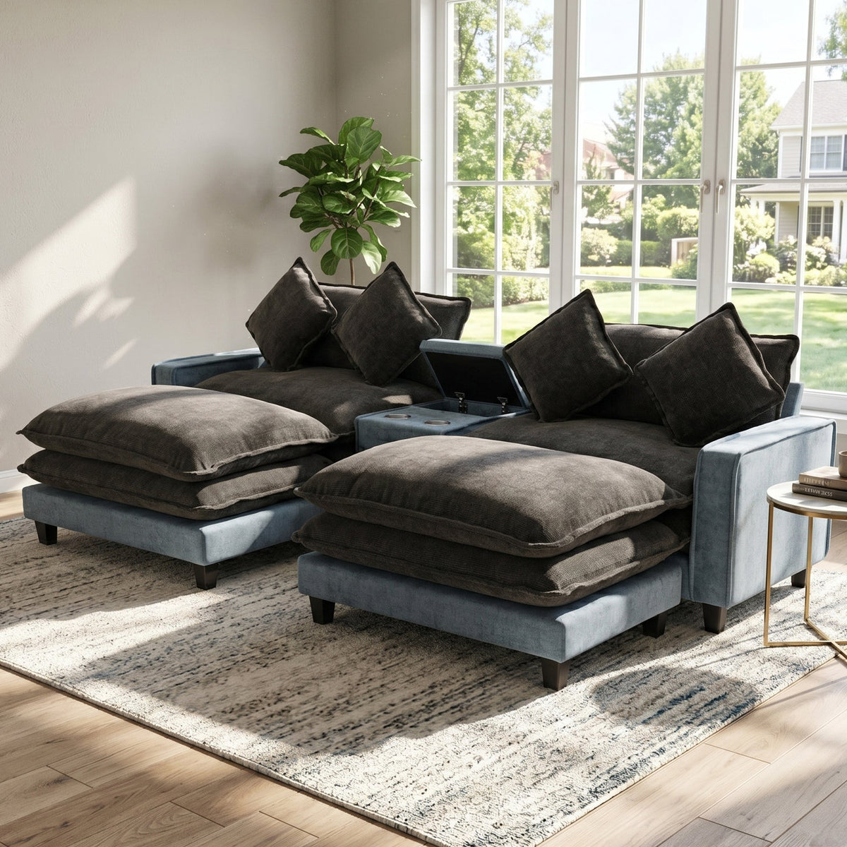 111" Chenille Upholstered Sectional Sofa with Ottoman & Storage