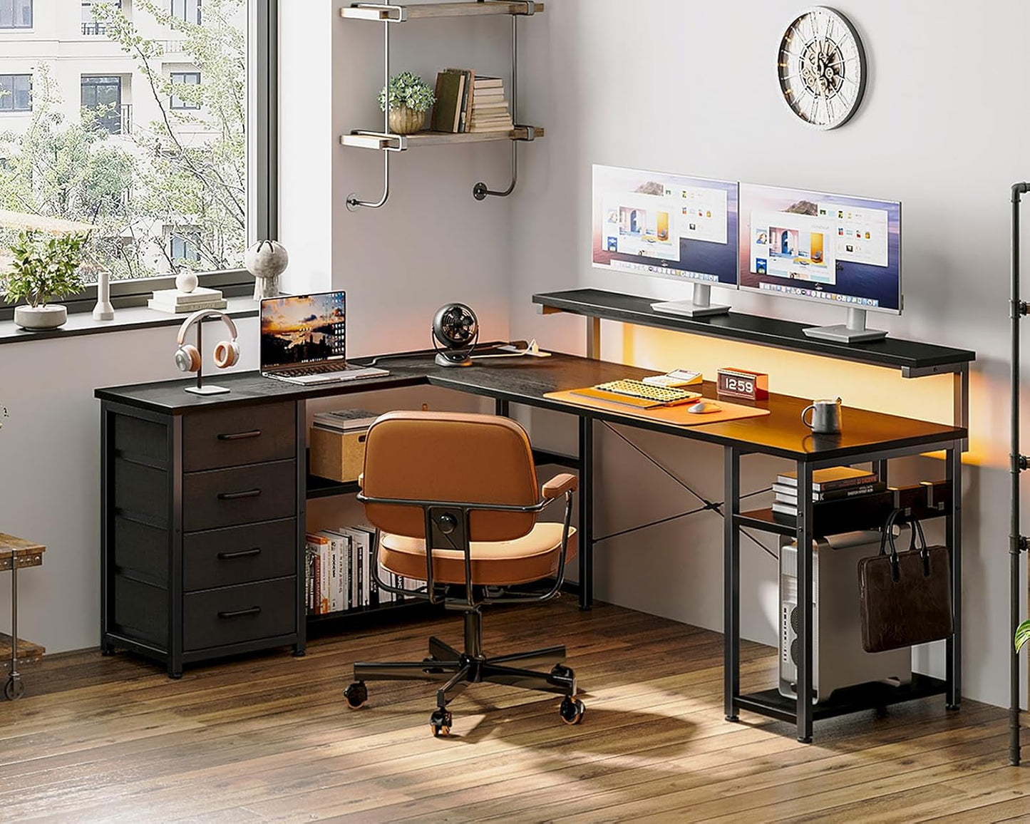 61 Inch L Shaped Desk With Power Outlets For Home Office