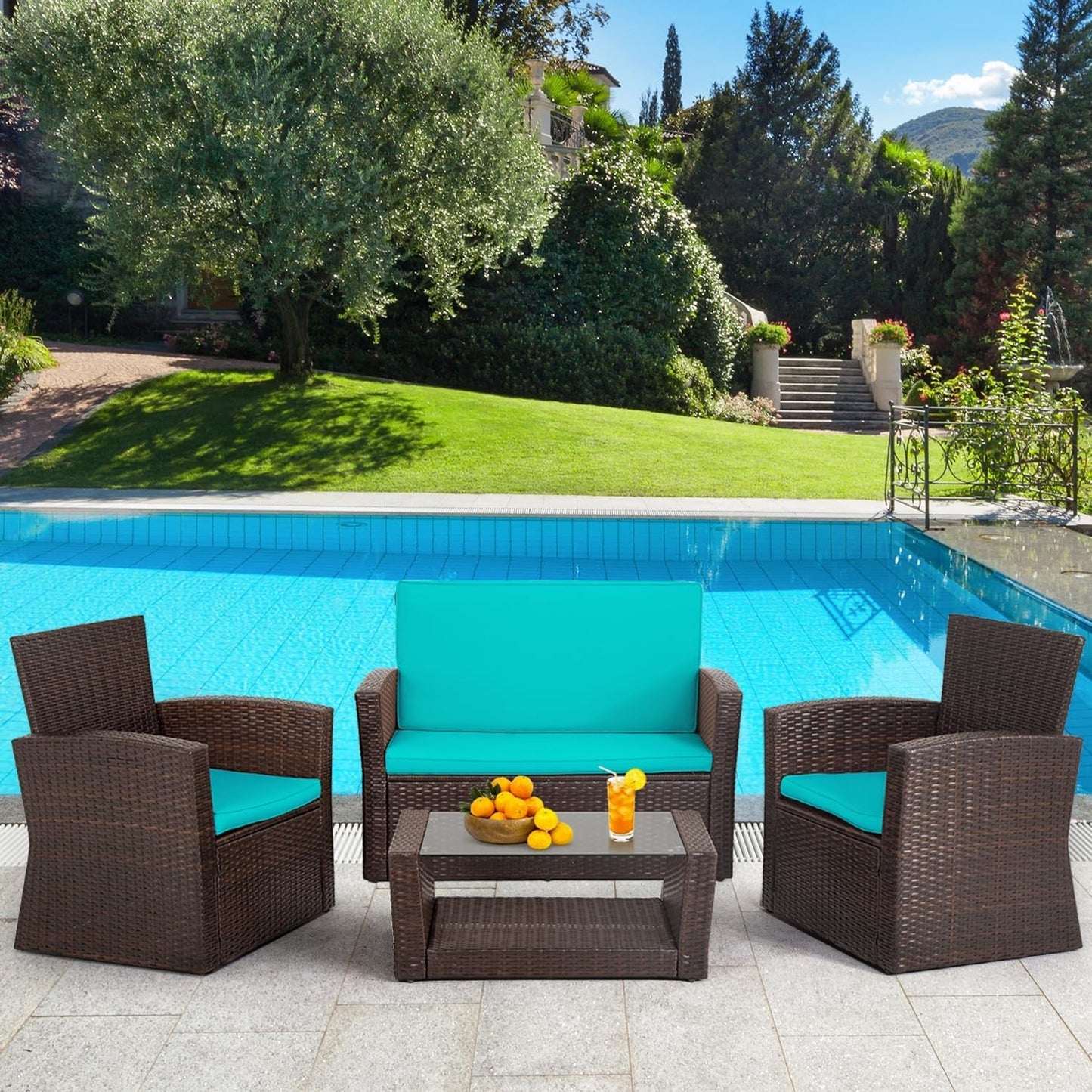 4 Piece Outdoor Patio Furniture Set Wicker Conversation